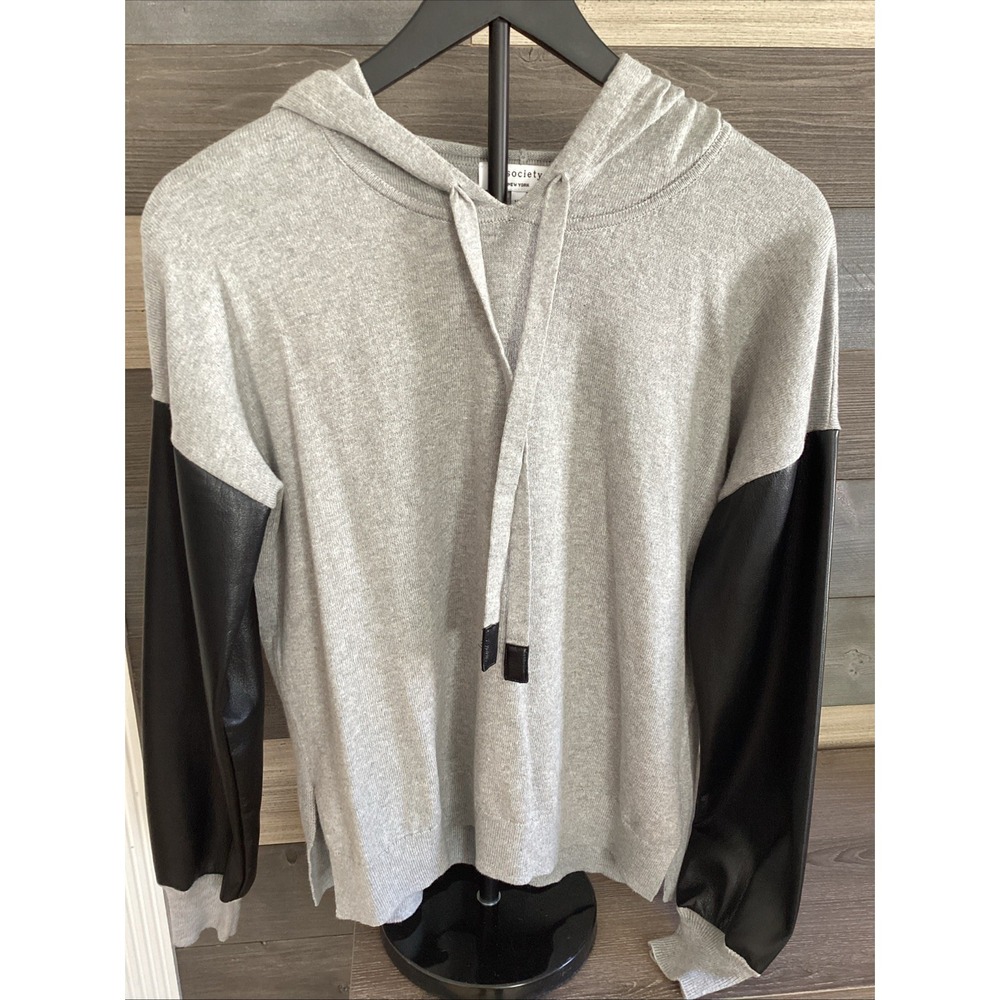 J. Society Womens Gray Heather Black Faux Leather Sleeve‎ Hooded Sweatshirt XS